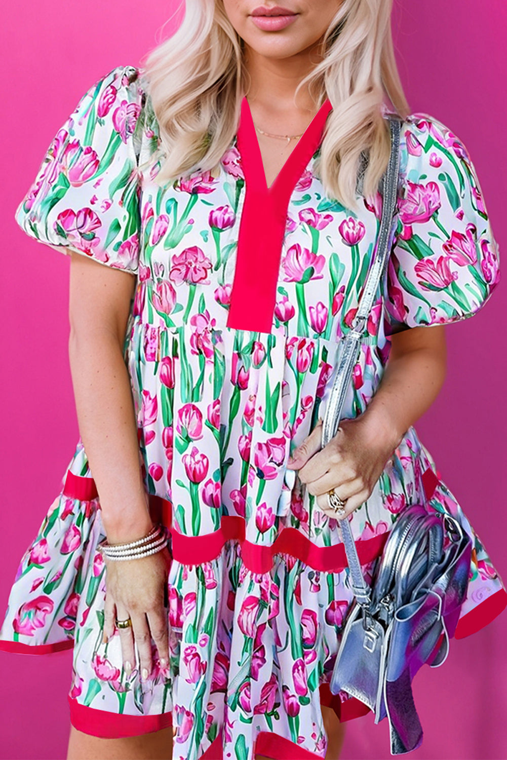Pink Floral Print Contrast Trim V Neck Bubble Short Sleeve Babydoll Dress eAura