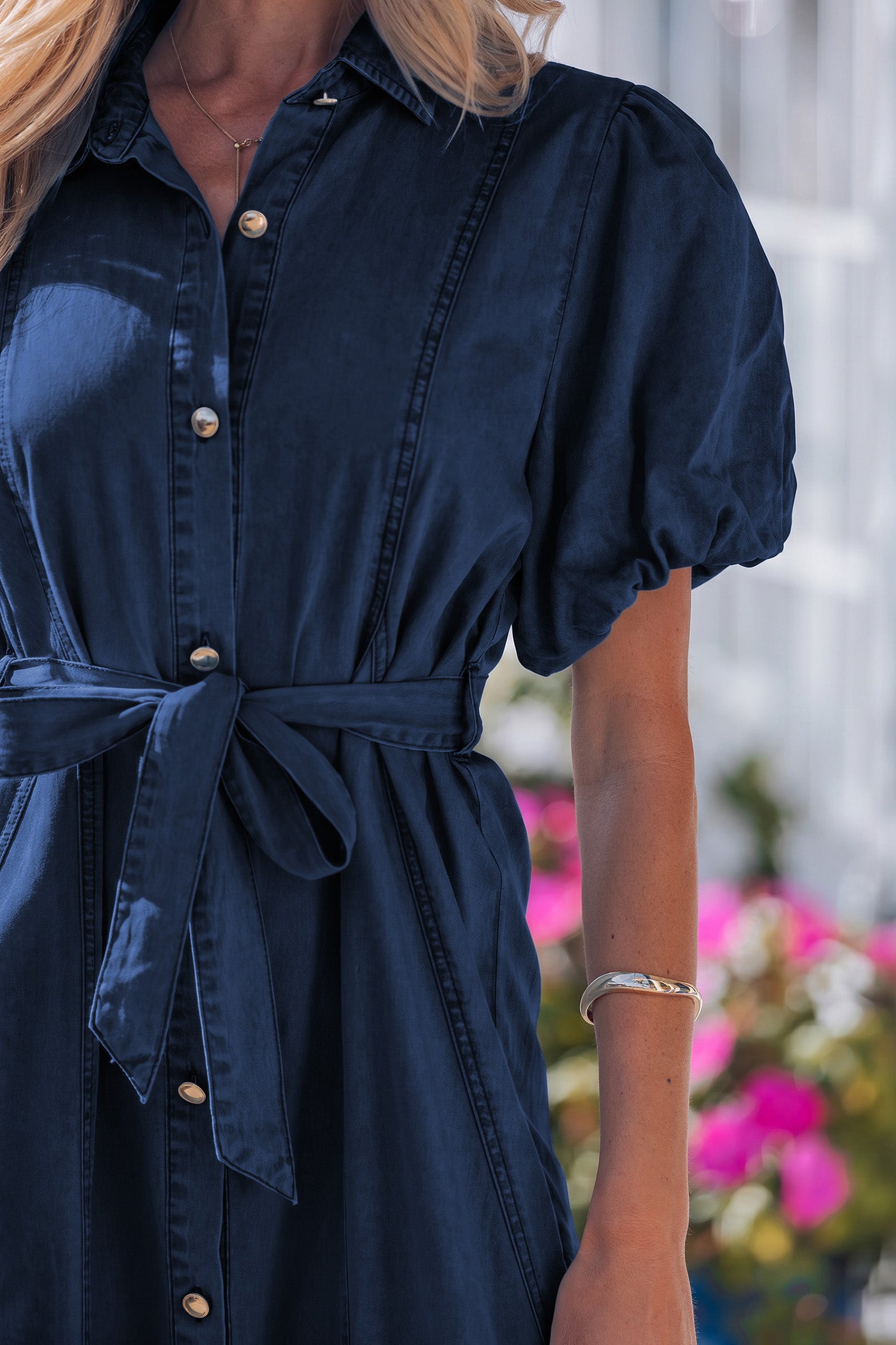 Full Button Collared Bubble Sleeve Long Denim Dress