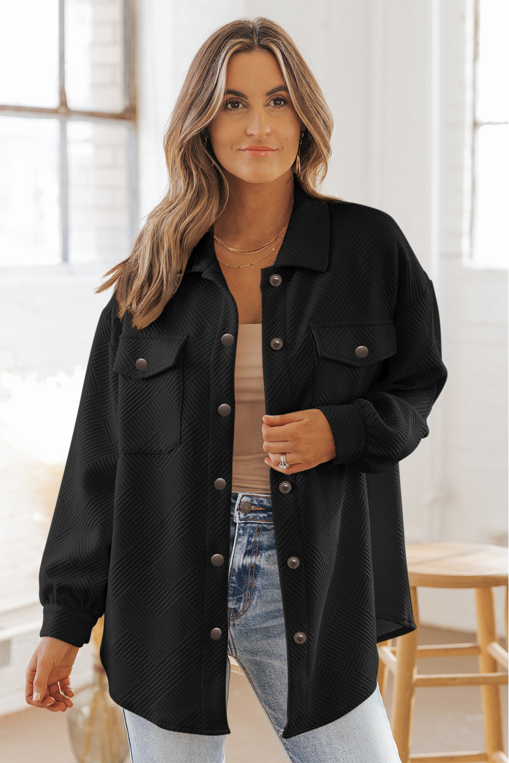 Black Solid Textured Flap Pocket Buttoned Shacket eAura