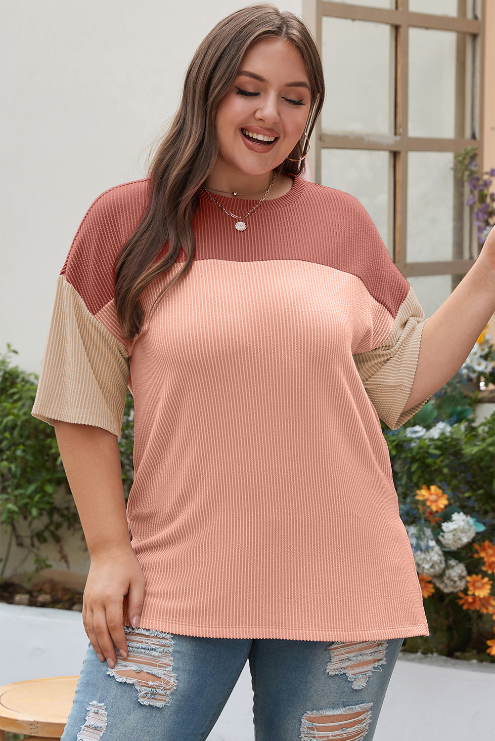 Rose Pink Plus Size Ribbed Colourblock T-shirt BB Fashion Outlet
