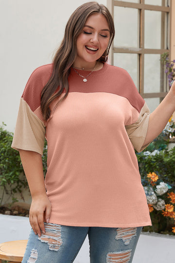 Rose Pink Plus Size Ribbed Colourblock T-shirt BB Fashion Outlet