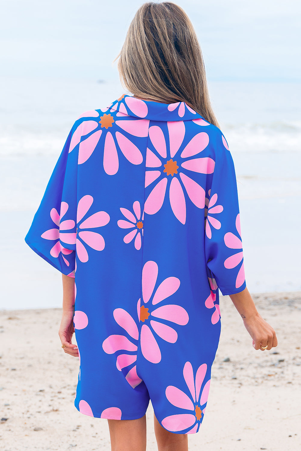 Blue Summer Flower Print Shirt Collar Button Front Loose Romper Dear-Lover Dropshipping