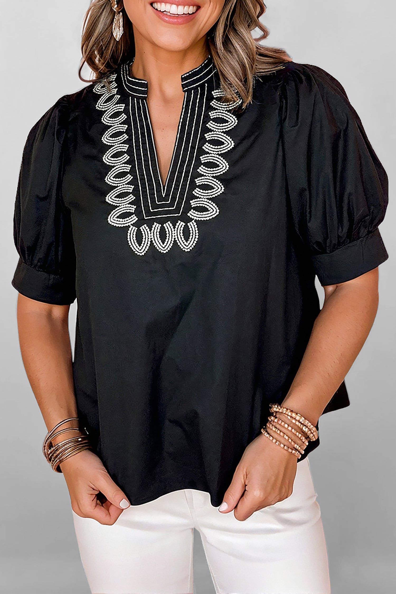 Short Puff Sleeve Contrast Embroidered Detail V-Neck Blouse - Black / S - Tops/Blouses & Shirts