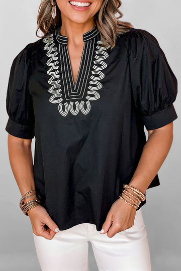 Short Puff Sleeve Contrast Embroidered Detail V-Neck Blouse - Black / S - Tops/Blouses & Shirts