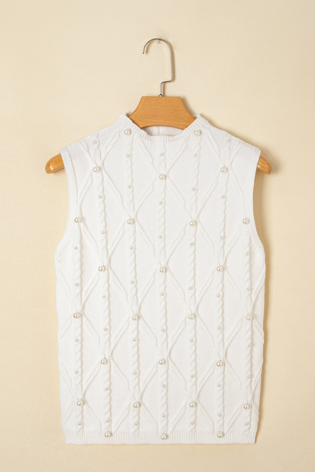 White Pearled High Neck Textured Knit Sweater Vest eAura