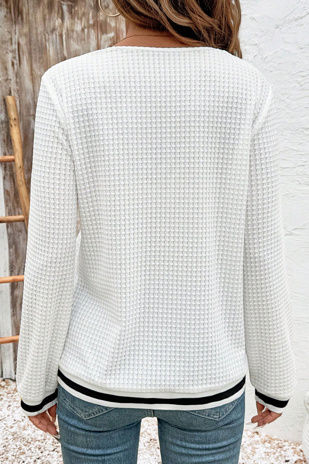 Textured Preppy Striped Trim V-Neck Pullover - eAura