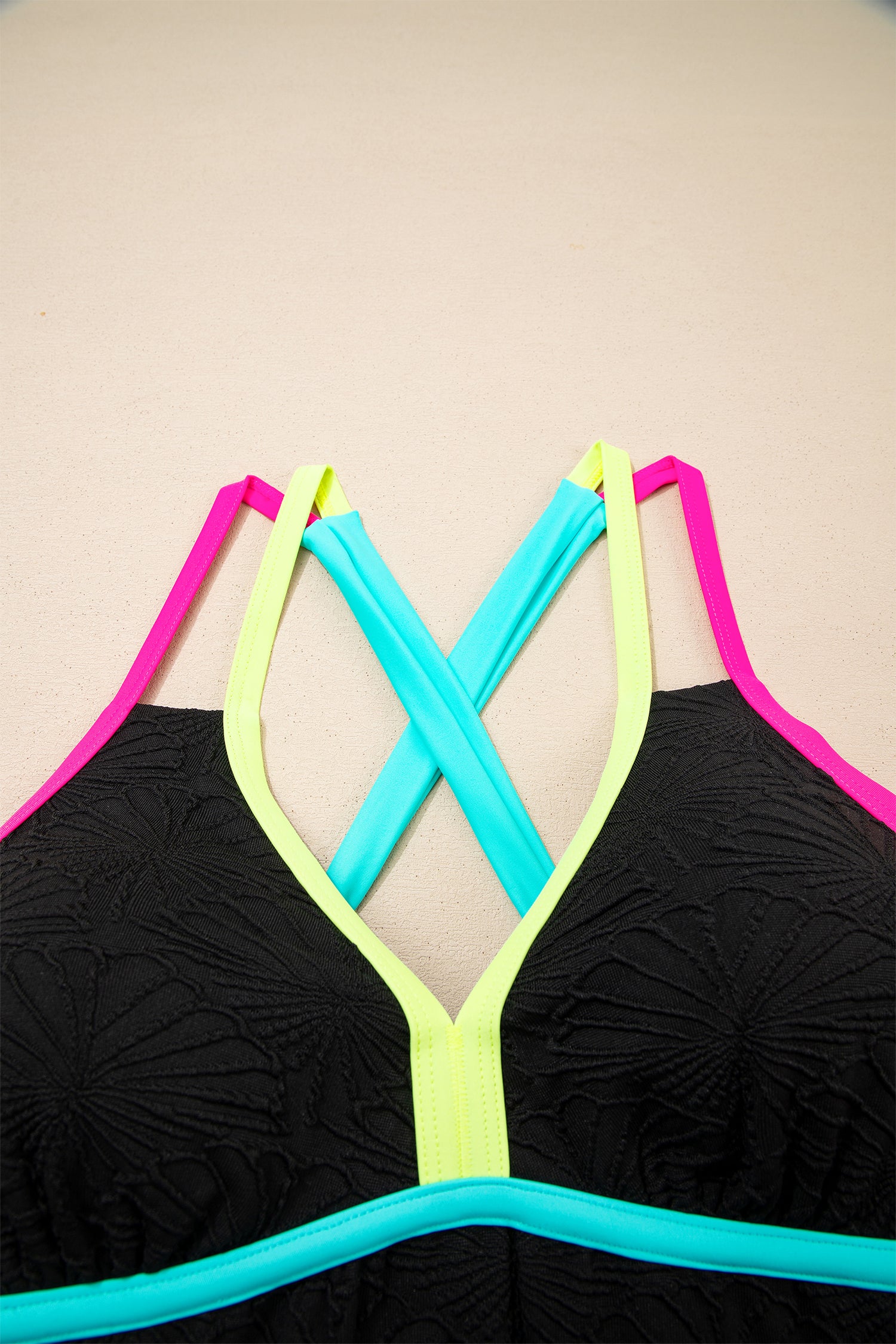 Floral Textured Neon Trim V-Neck Crisscross Backless Tankini Set