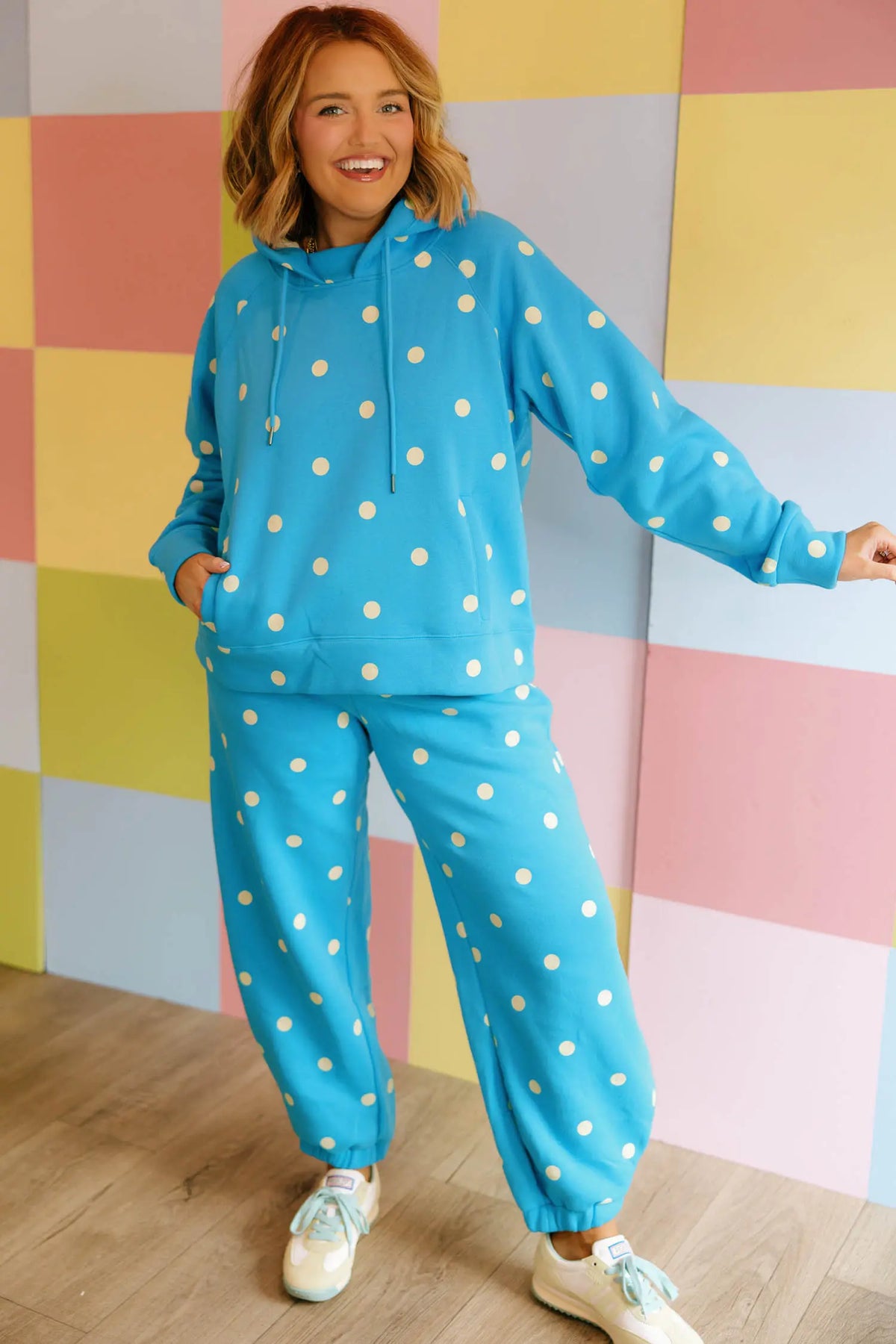 Polka Dot Hooded Drawstring Long Sleeve Plus Size Set – Blue
