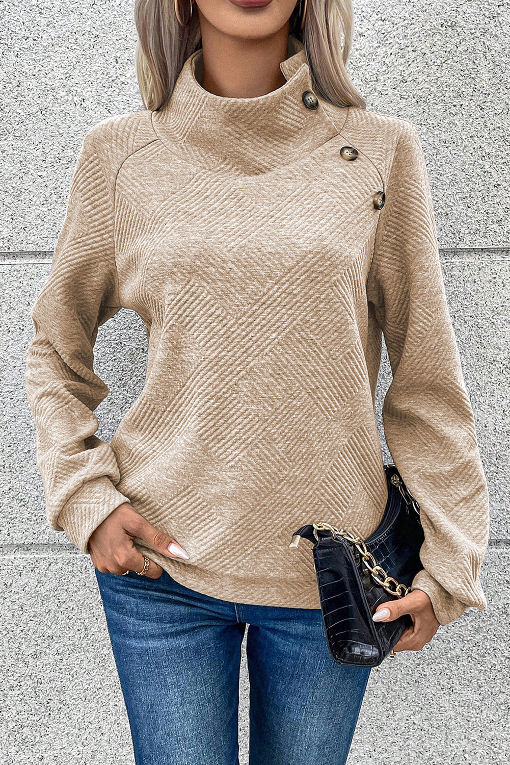 Asymmetric Buttons Detail High Neck Textured Sweatshirt eAura