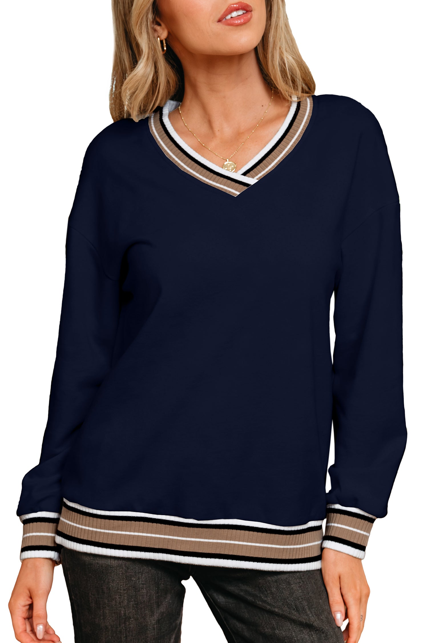 Varsity Contrast Striped Trim V-Neck Sweatshirt