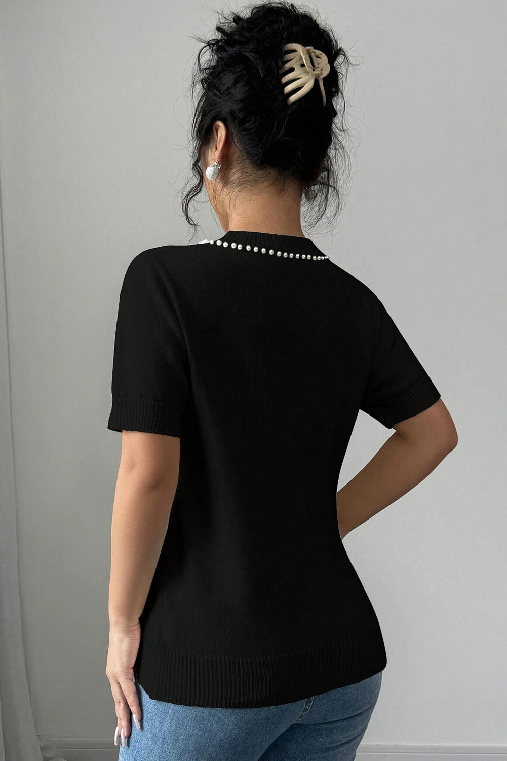 Black Pearl Bow Necklace Embellished Short Sleeve Knitted T Shirt eAura