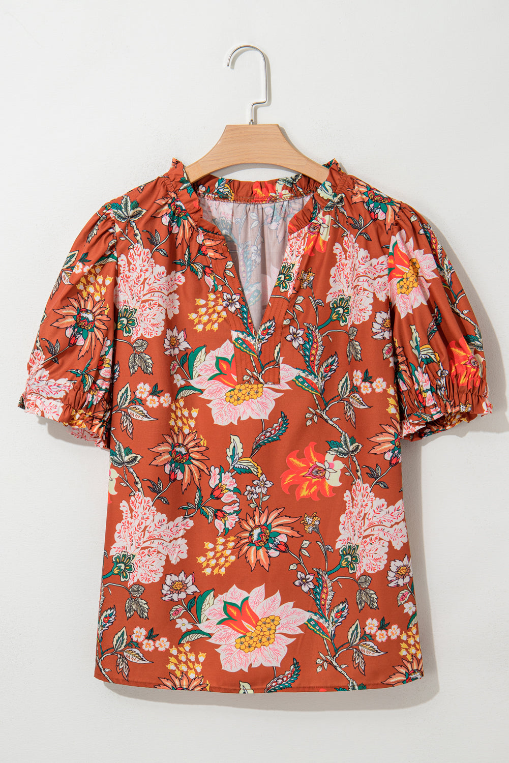 Brown Floral Stitched V Neck Frilled Trim Puff Short Sleeve Blouse BB Fashion Outlet