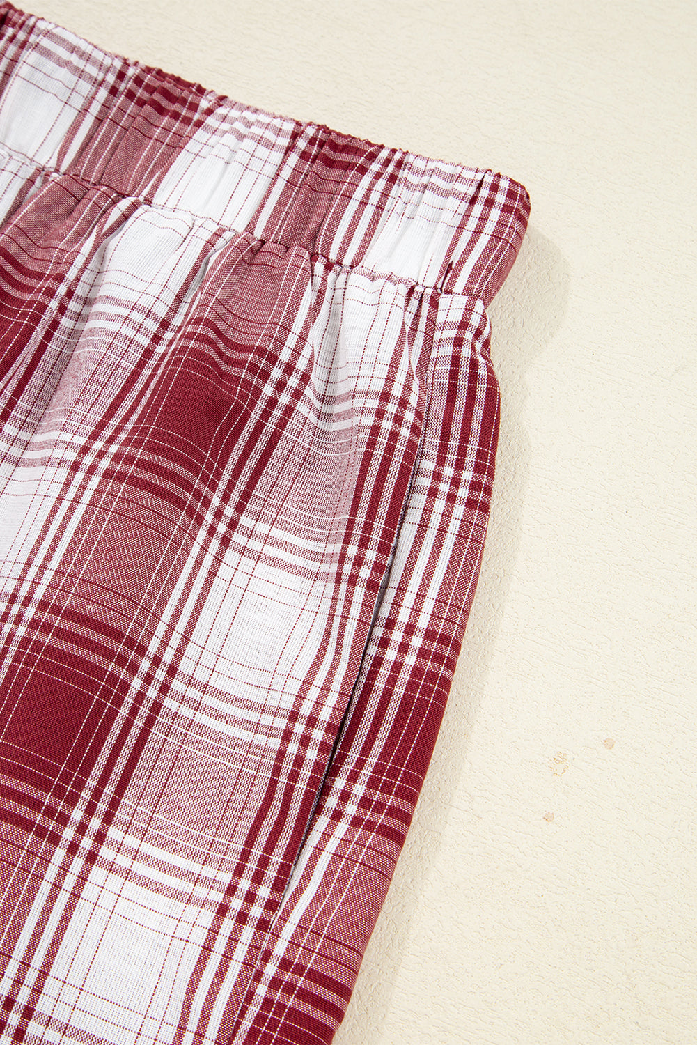 Red Retro Plaid Long Sleeve Shirt Drawstring Shorts Pyjama Set - eAura