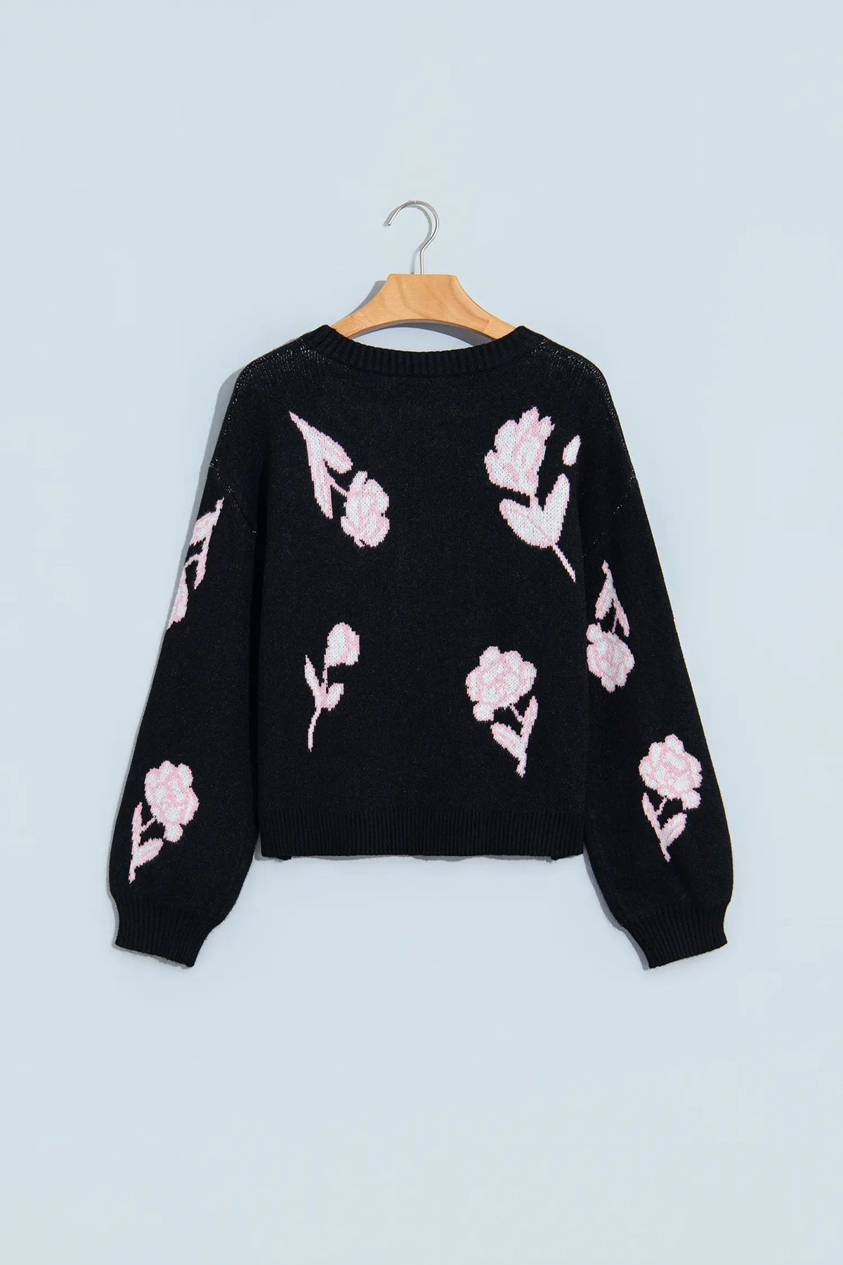 Floral Pattern Puff Sleeve Dropped Shoulder Pullover Sweater – Black