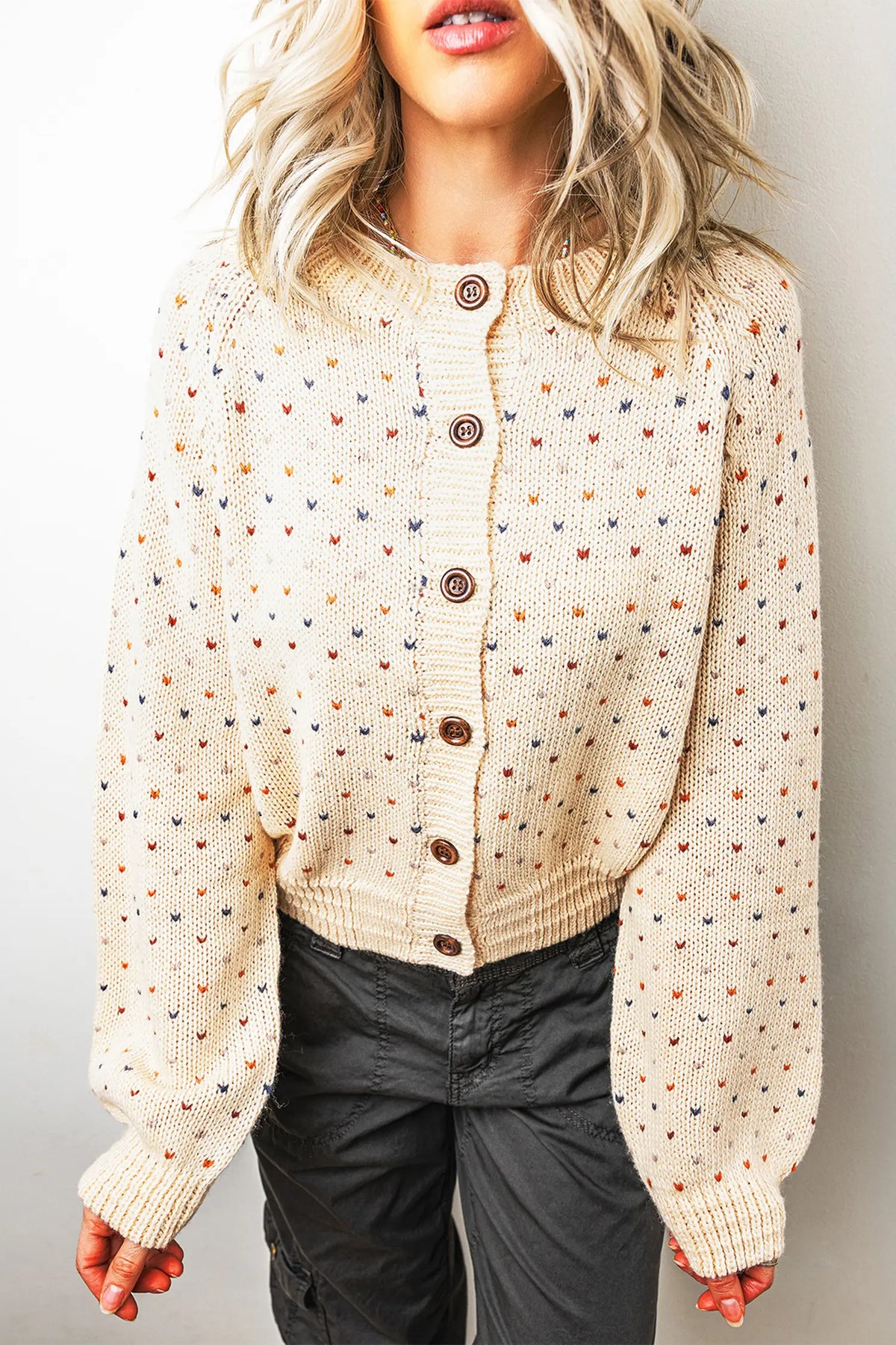 Geometric Print Button Front Long Sleeve Regular Fit Cardigan – Beige