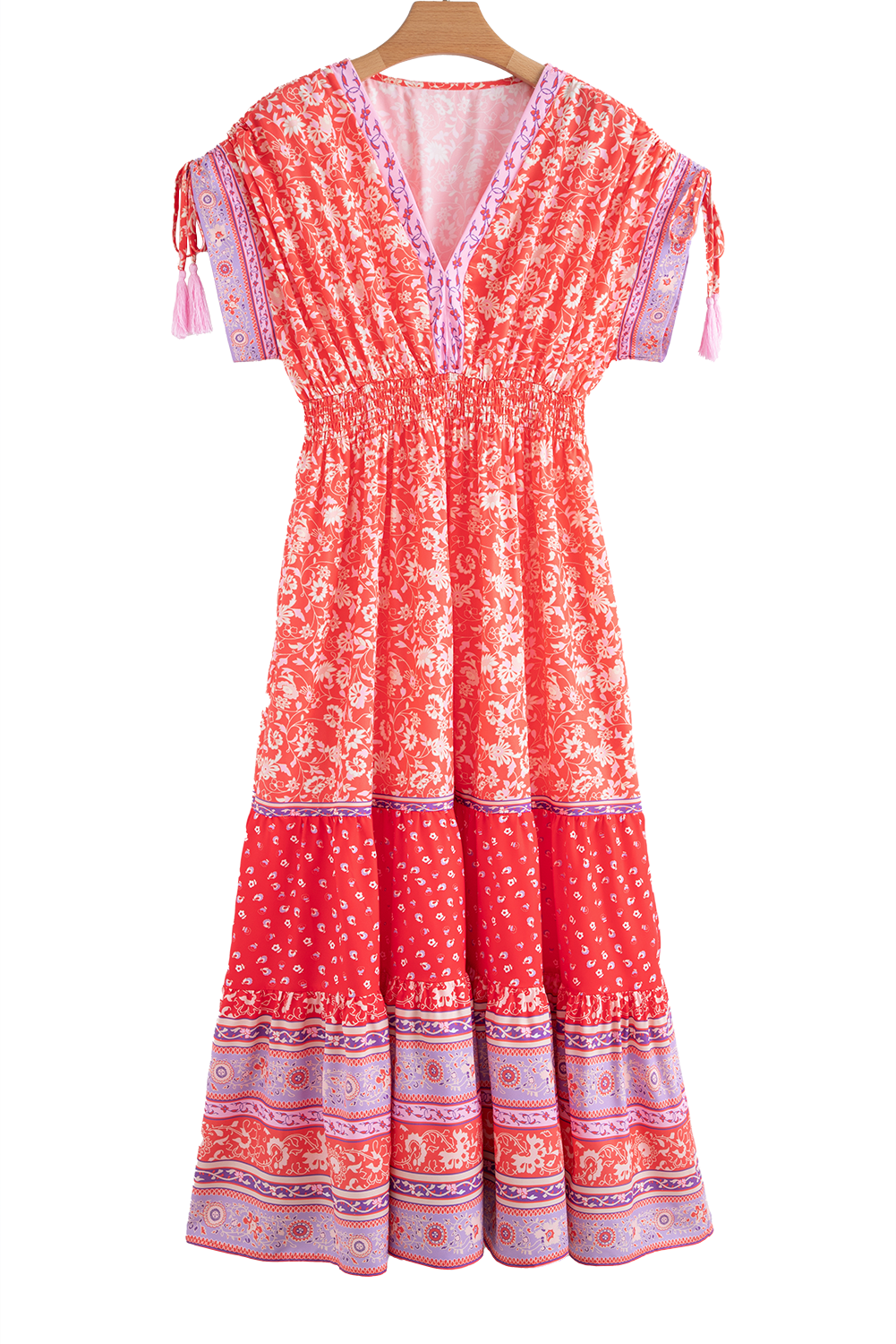 Red Floral Print Tasseled Tied Sleeve Empire Waist Maxi Dress eAura