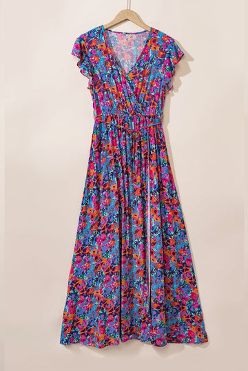 Blue Floral Print V Neck Wrap Split Maxi Dress - Dresses/Floral Dresses