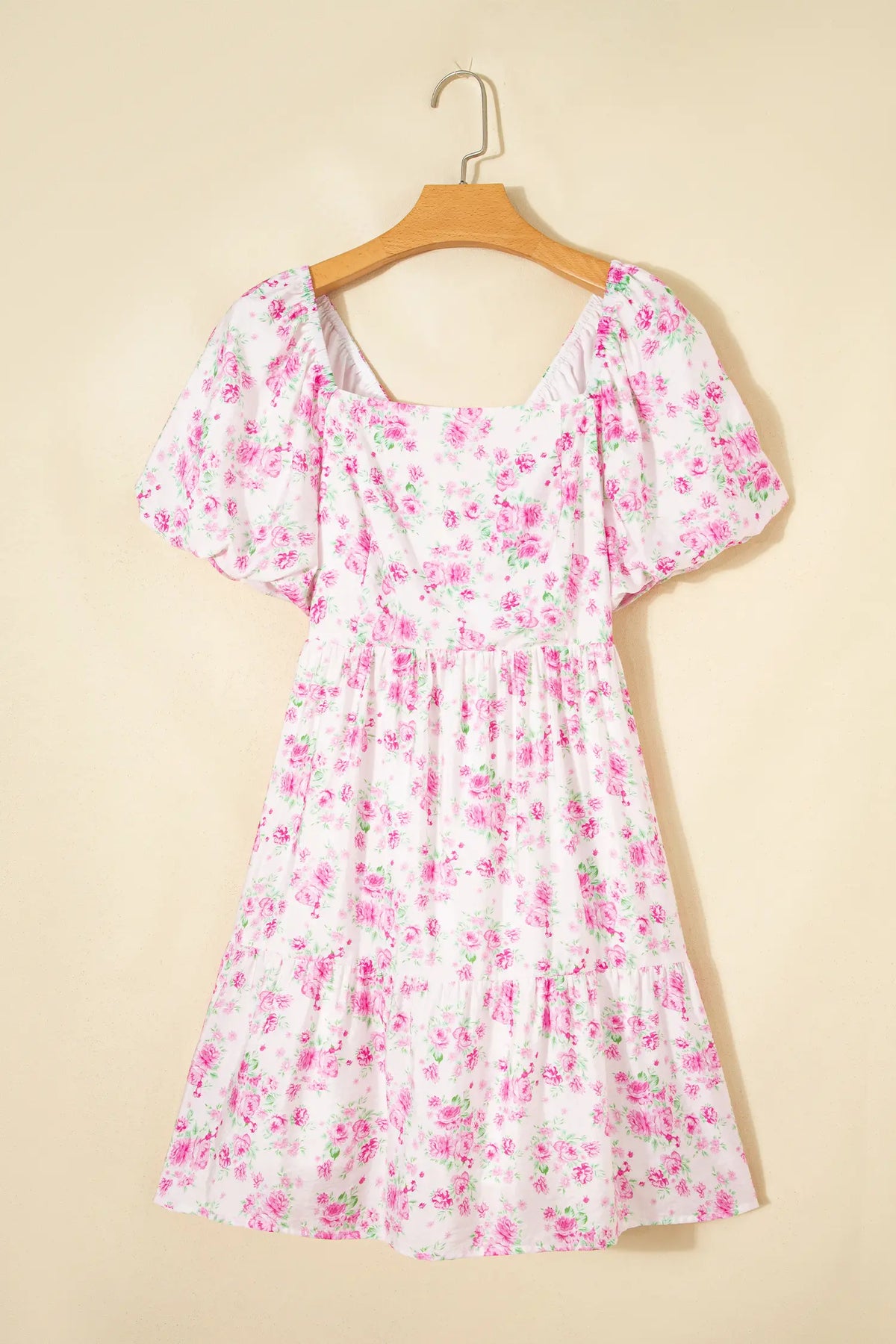 Floral Print Square Neck Ribbon Knot Back Cute Mini Dress – Pink
