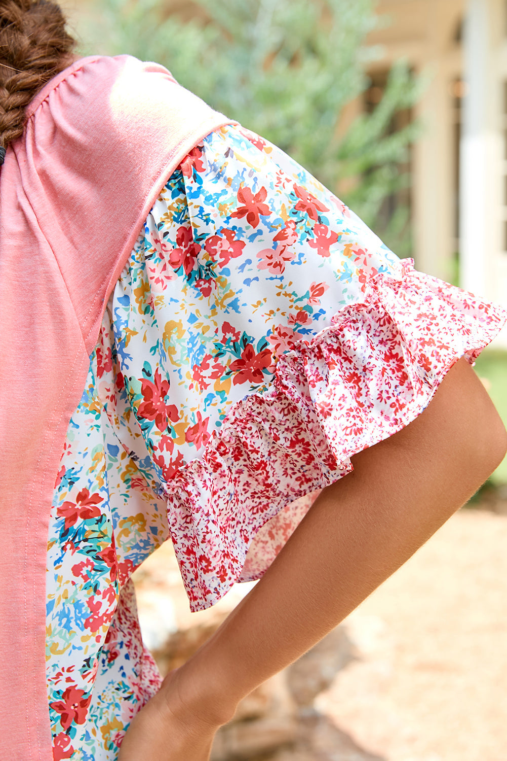 Pink Plus Size Floral Patchwork Ruffled Short Sleeve Blouse BB Fashion Outlet