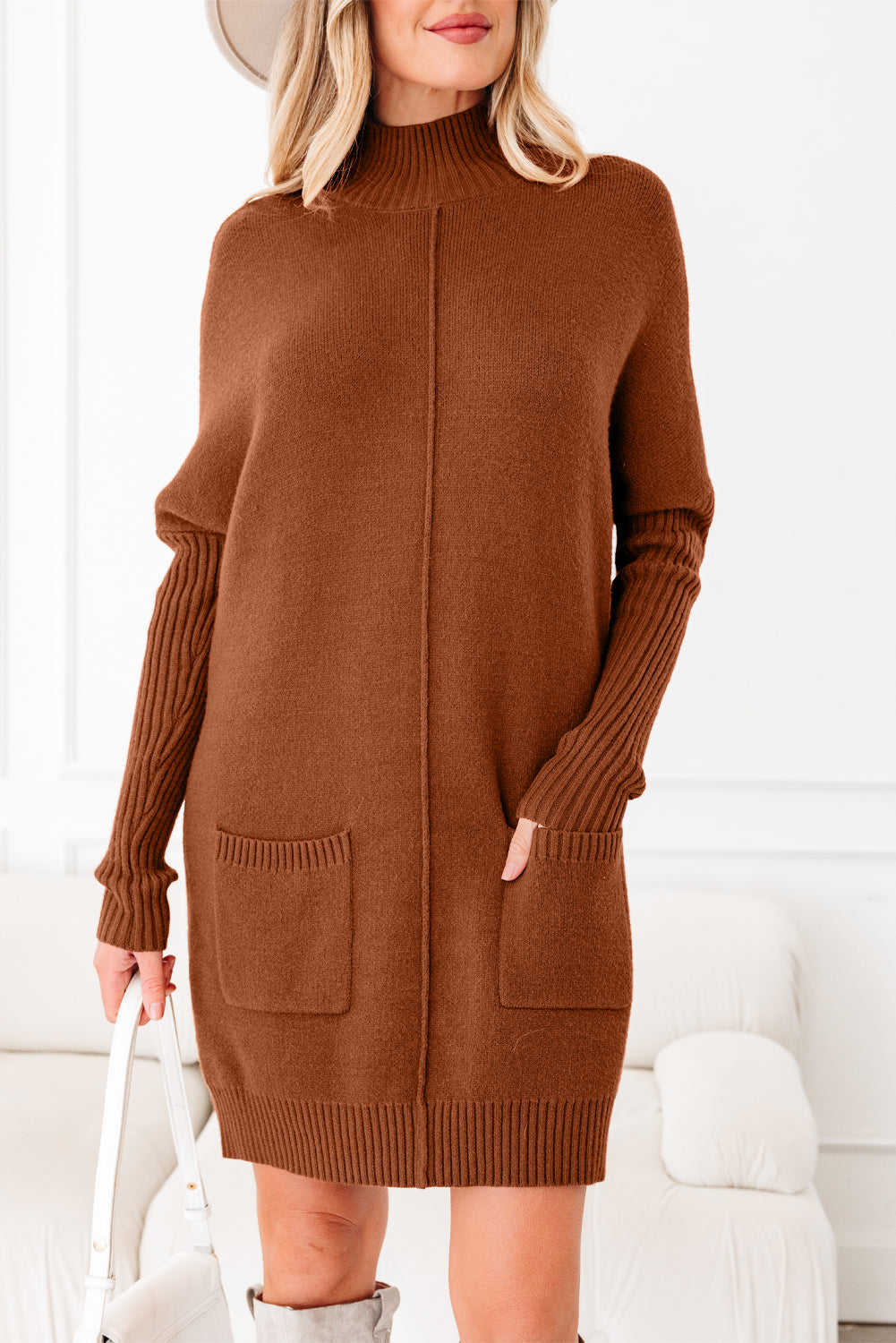 Ribbed High Neck Front Pockets Center Seam Shift Sweater Dress - eAura