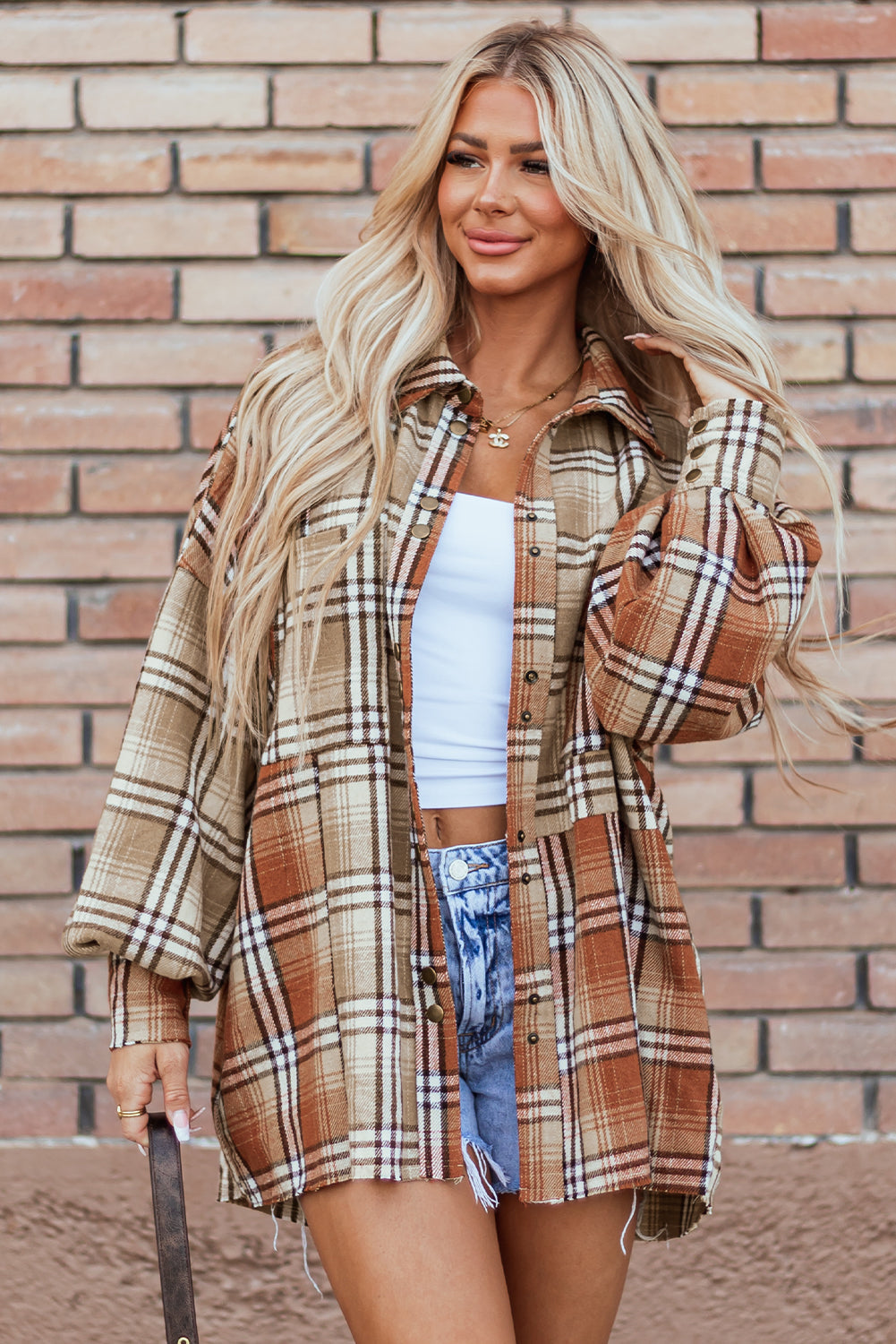 Khaki Plaid Colourblock Patchwork High Low Shacket eAura