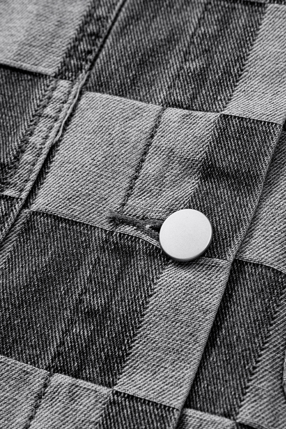Light Blue Checkered Patchwork Button up Denim Jacket Beagle Boutique Fashion Outlet