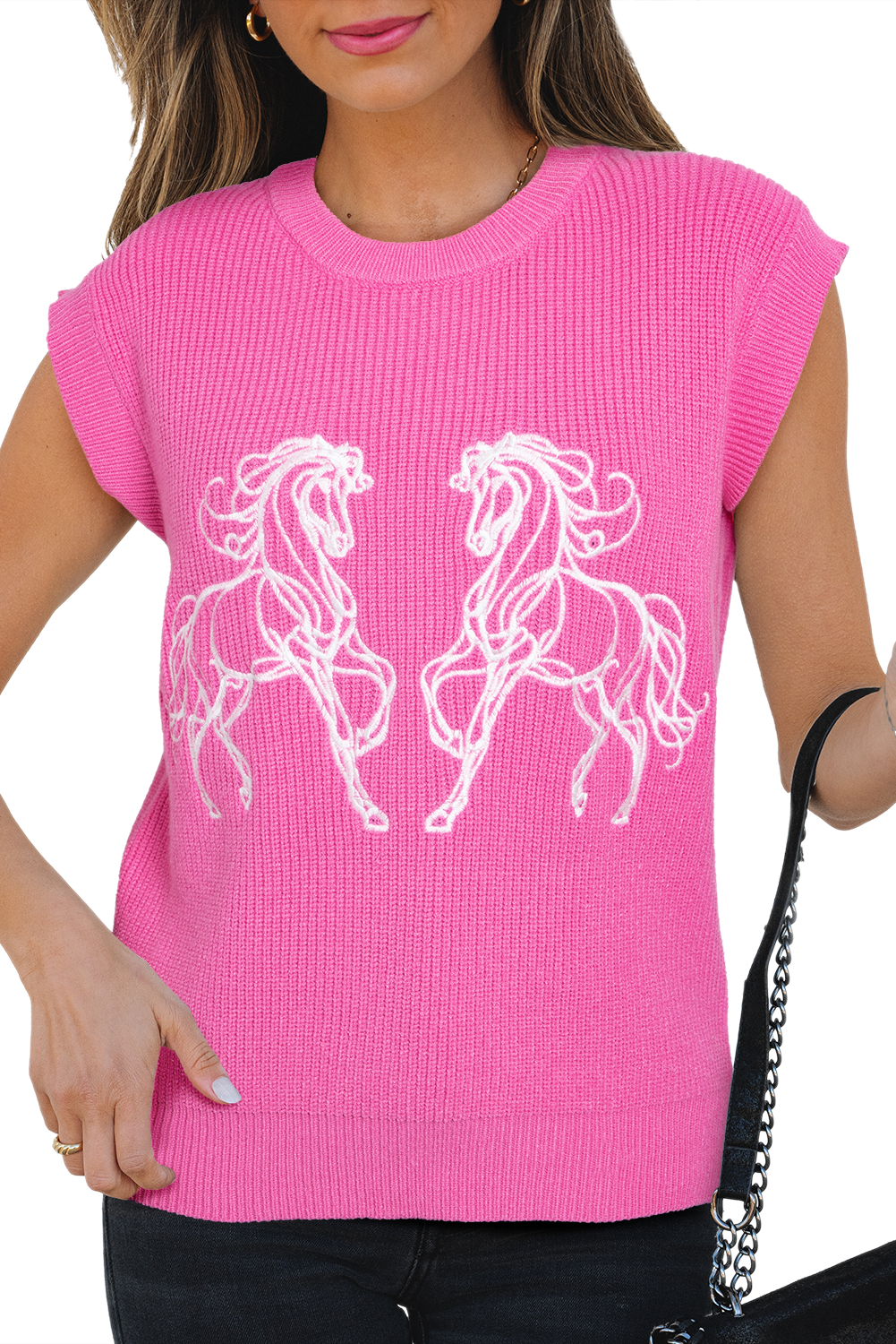 Sachet Pink Western Horse Embroidered Round Neck Top eAura