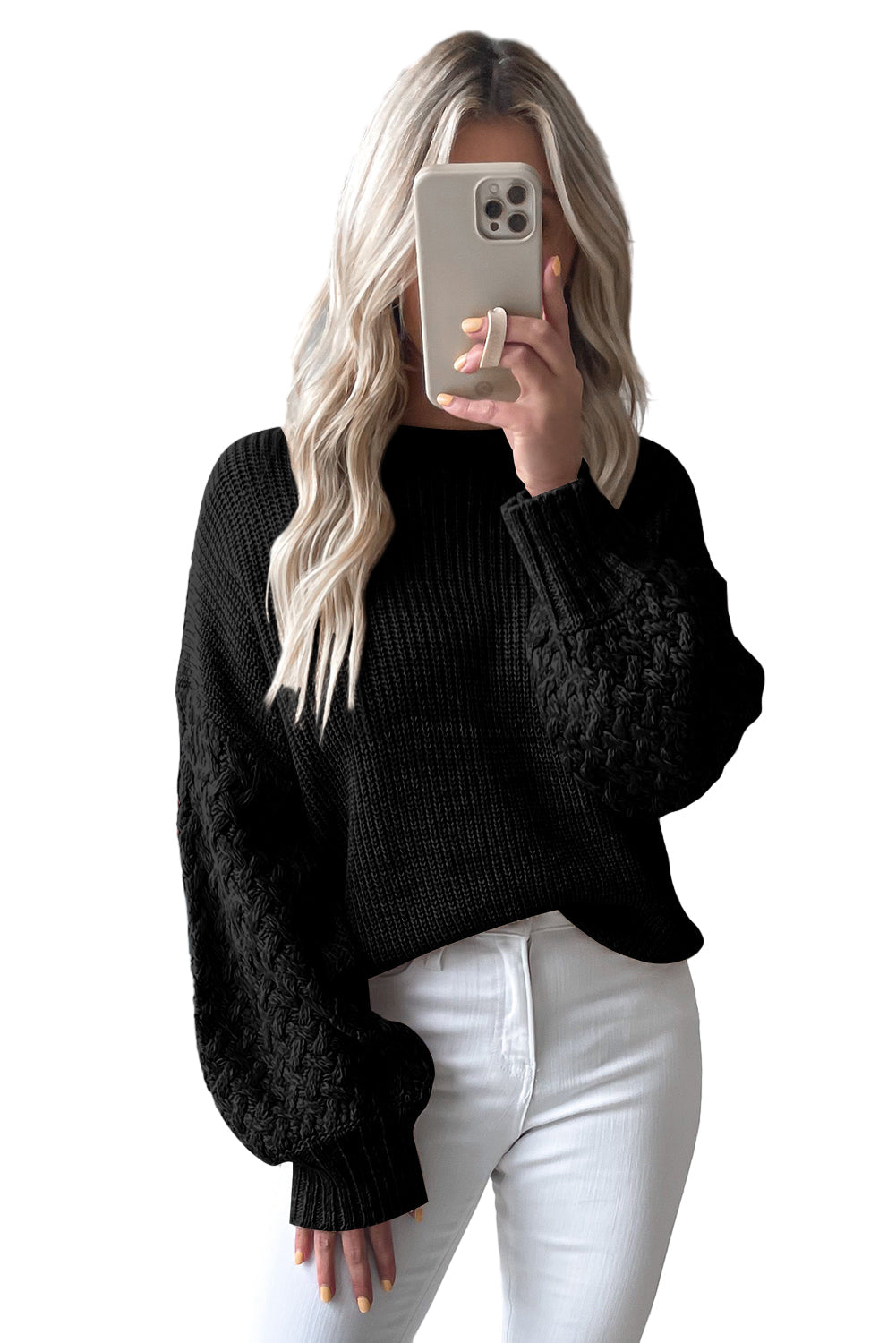 Parchment Cable Knit Sleeve Drop Shoulder Sweater eAura