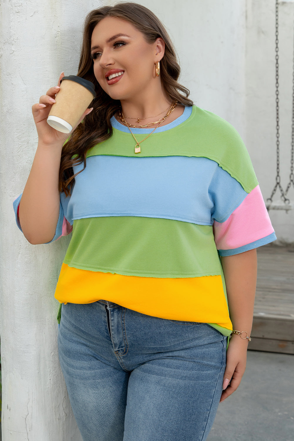 Light Blue Colour Block Exposed Seam Patchwork Plus Size T Shirt BB Fashion Outlet
