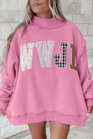 WWJD Mixed Pattern Embroidered Patch Graphic Mock Neck Sweatshirt – Pink