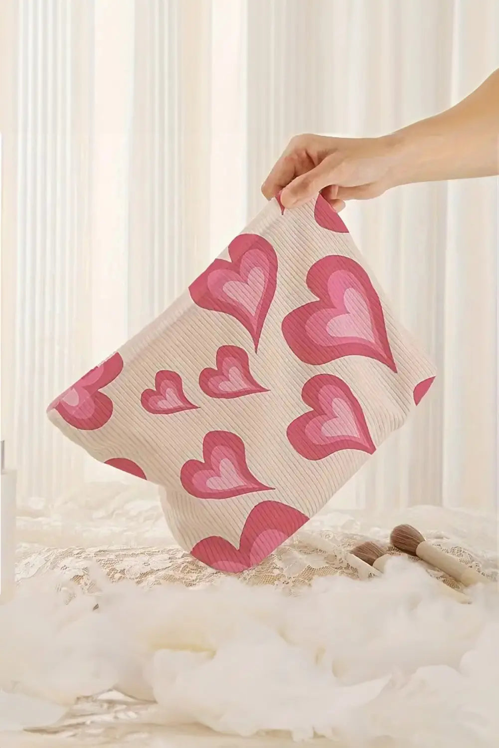 Hearts Print Zipper Ribbed Large Cosmetic Bag