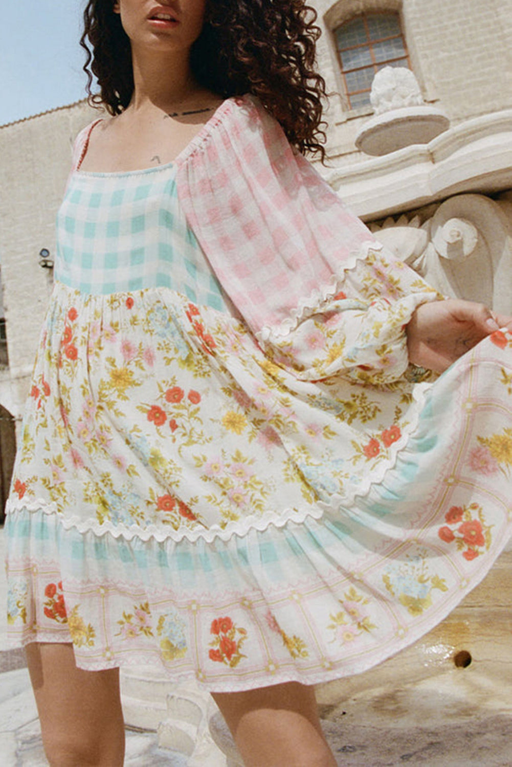 Pink Ric Rac Plaid Floral Print Patchwork Bubble Sleeve Dress eAura