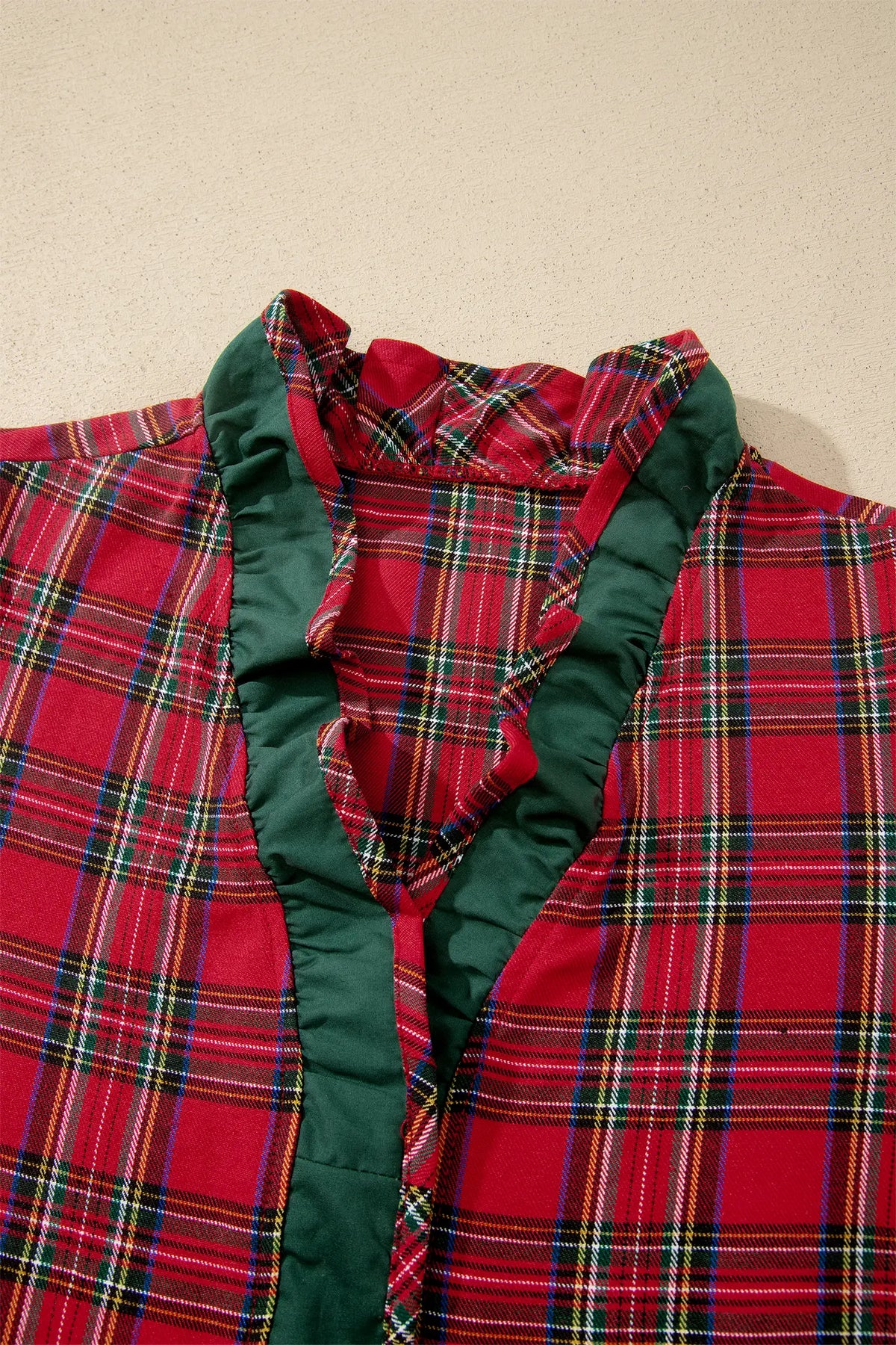 Plaid V Neck Ruffle Colour Block Trim Short Sleeve Shirt