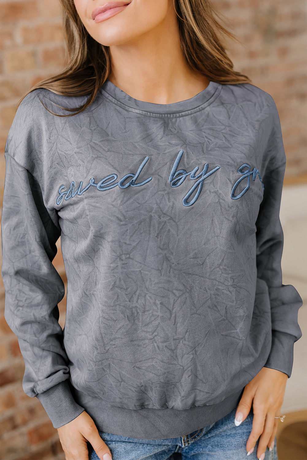 'Saved By Grace' Embroidered Mineral Wash Sweatshirt