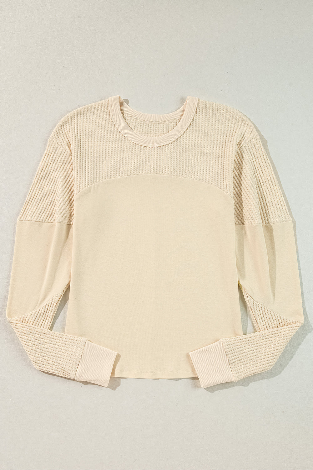 Beige Thermal Knit Patchwork Exposed Seam Long Sleeve Top BB Fashion Outlet