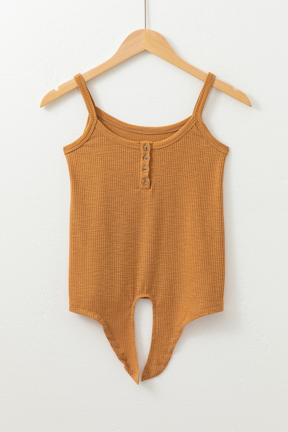 Straw Yellow Ribbed Front Knot Buttoned Thin Strap Vest Top eAura