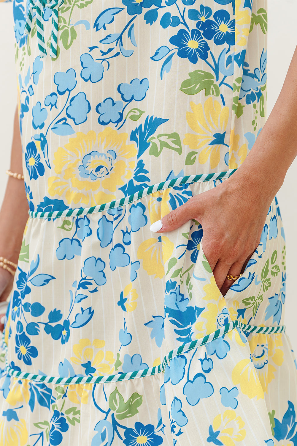 Blue Floral Striped Trim Puff Short Sleeve Dress eAura