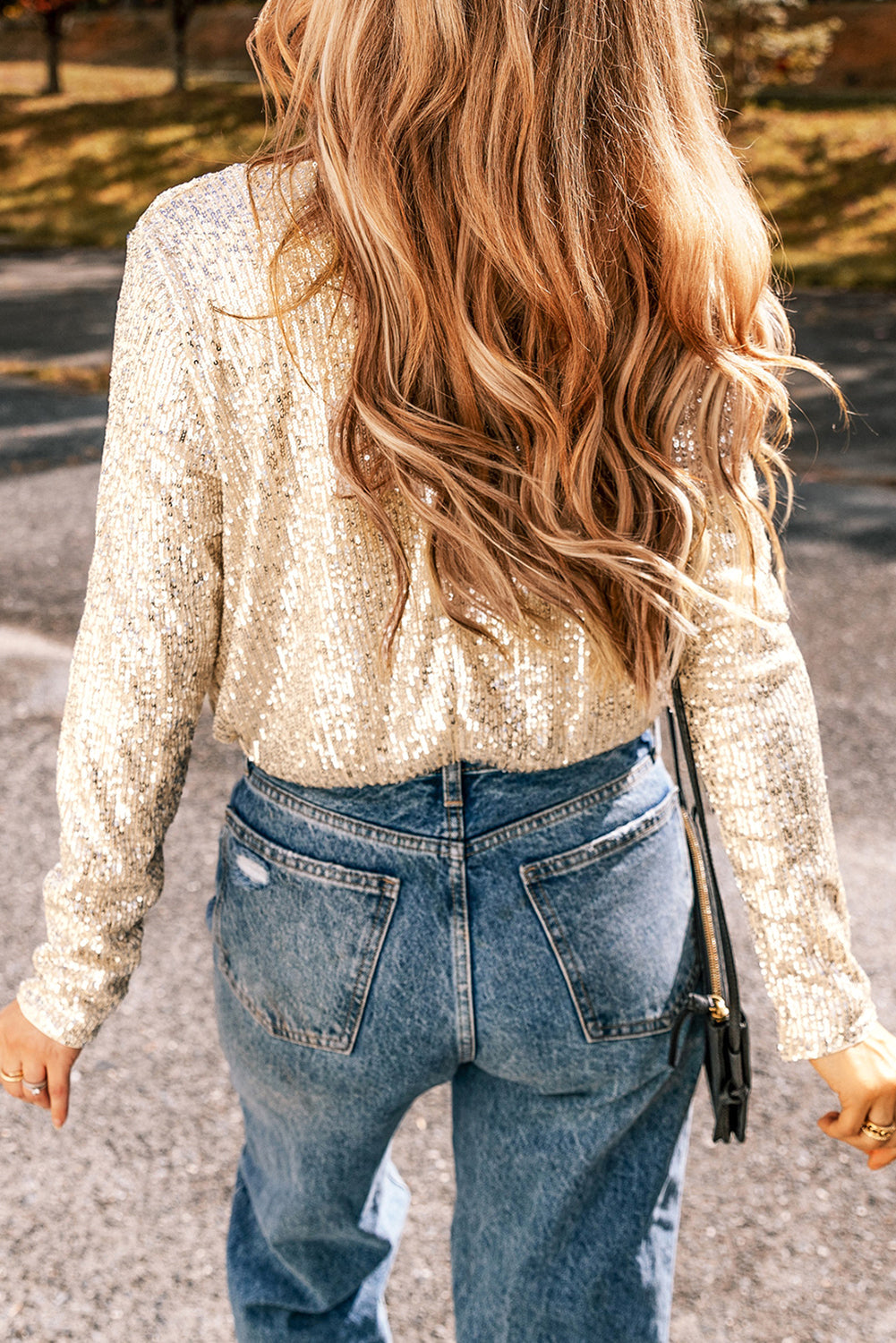 Beige Sequin Long Sleeve Wrap V Neck Bodysuit eAura