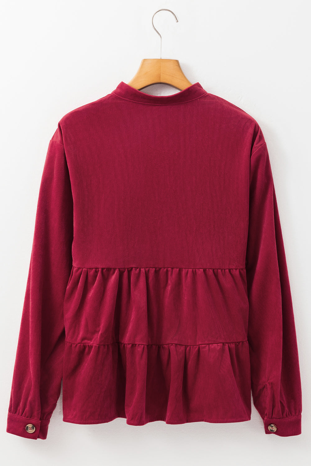 Burgundy Corduroy Ruffle Tiered Buttoned O Neck Shirt eAura