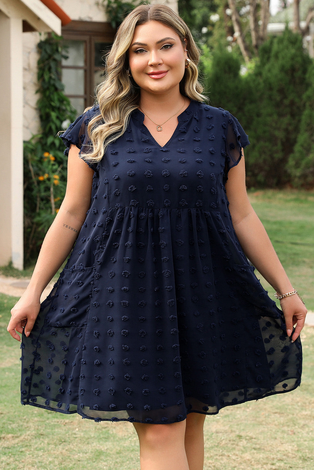 Navy Blue Dotty Textured Notched Neck Plus Ruffled Dress BB Fashion Outlet