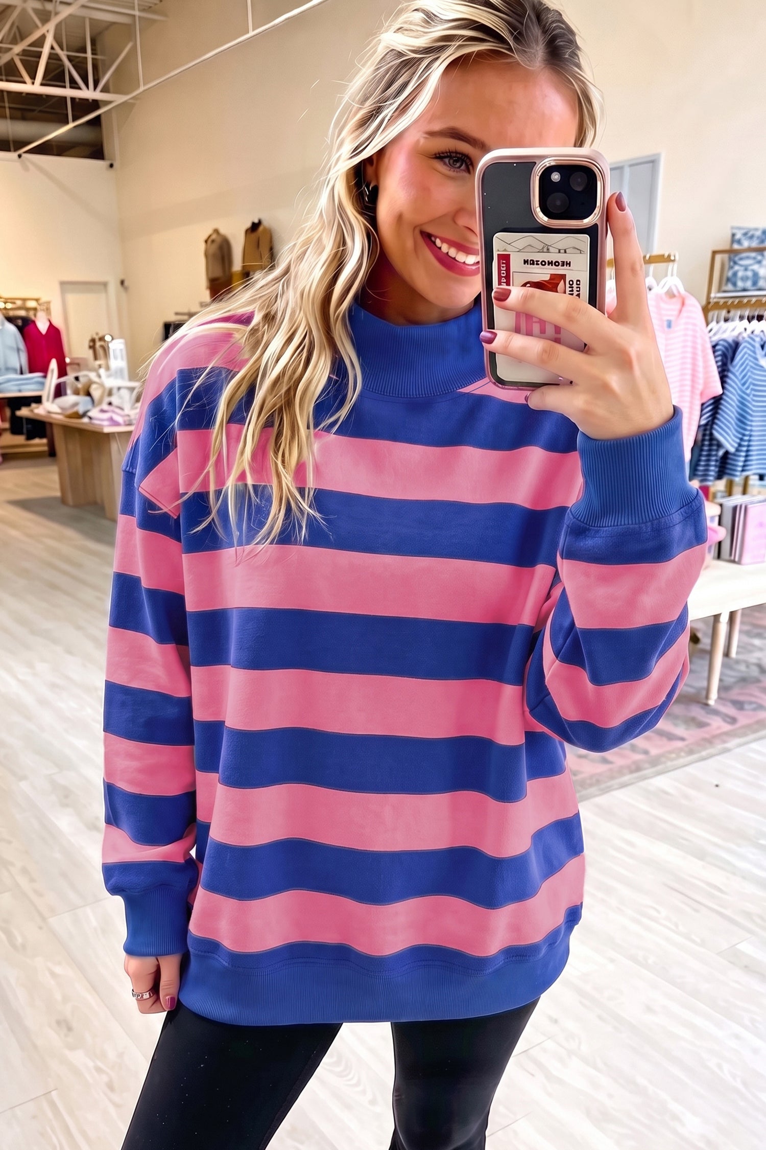 Colorblock Mock Neck Relaxed Sweatshirt – Blue Stripe