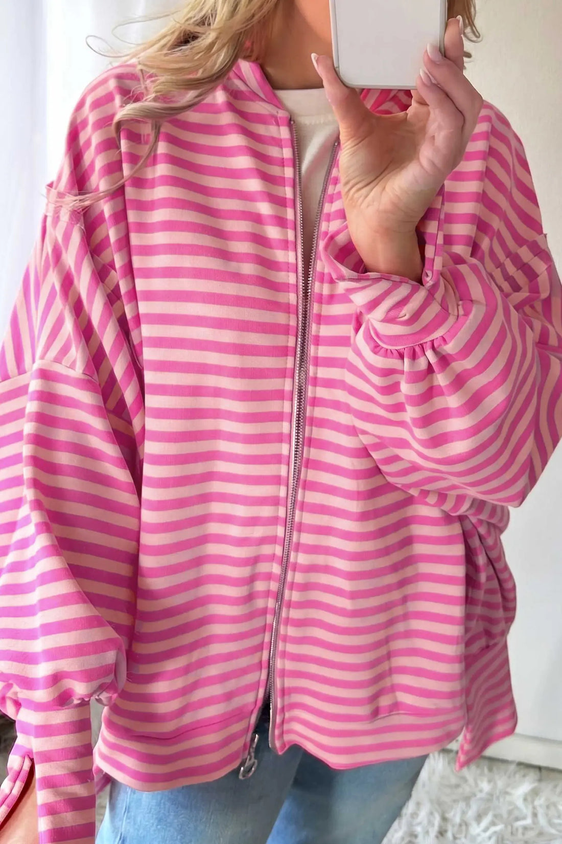 Zip-up Puff Sleeve Zip Jacket Sweatshirt – Pink Stripe