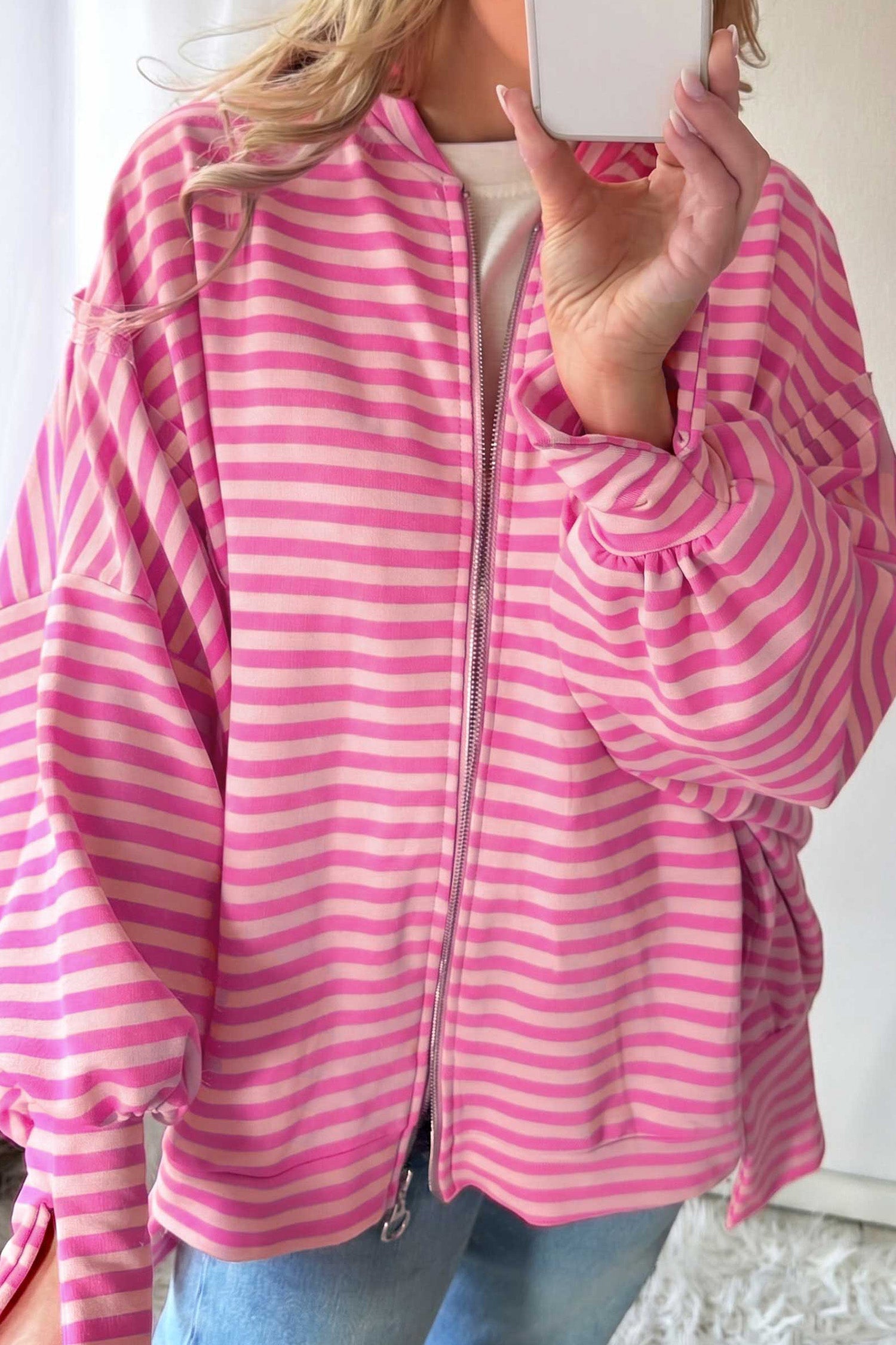 Zip-up Puff Sleeve Zip Jacket Sweatshirt – Pink Stripe