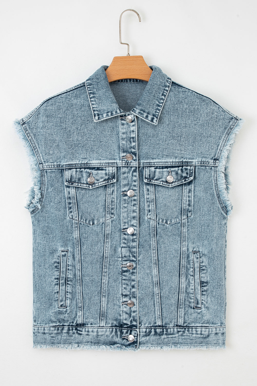 Button Flap Pocket Frayed Detail Denim Vest eAura