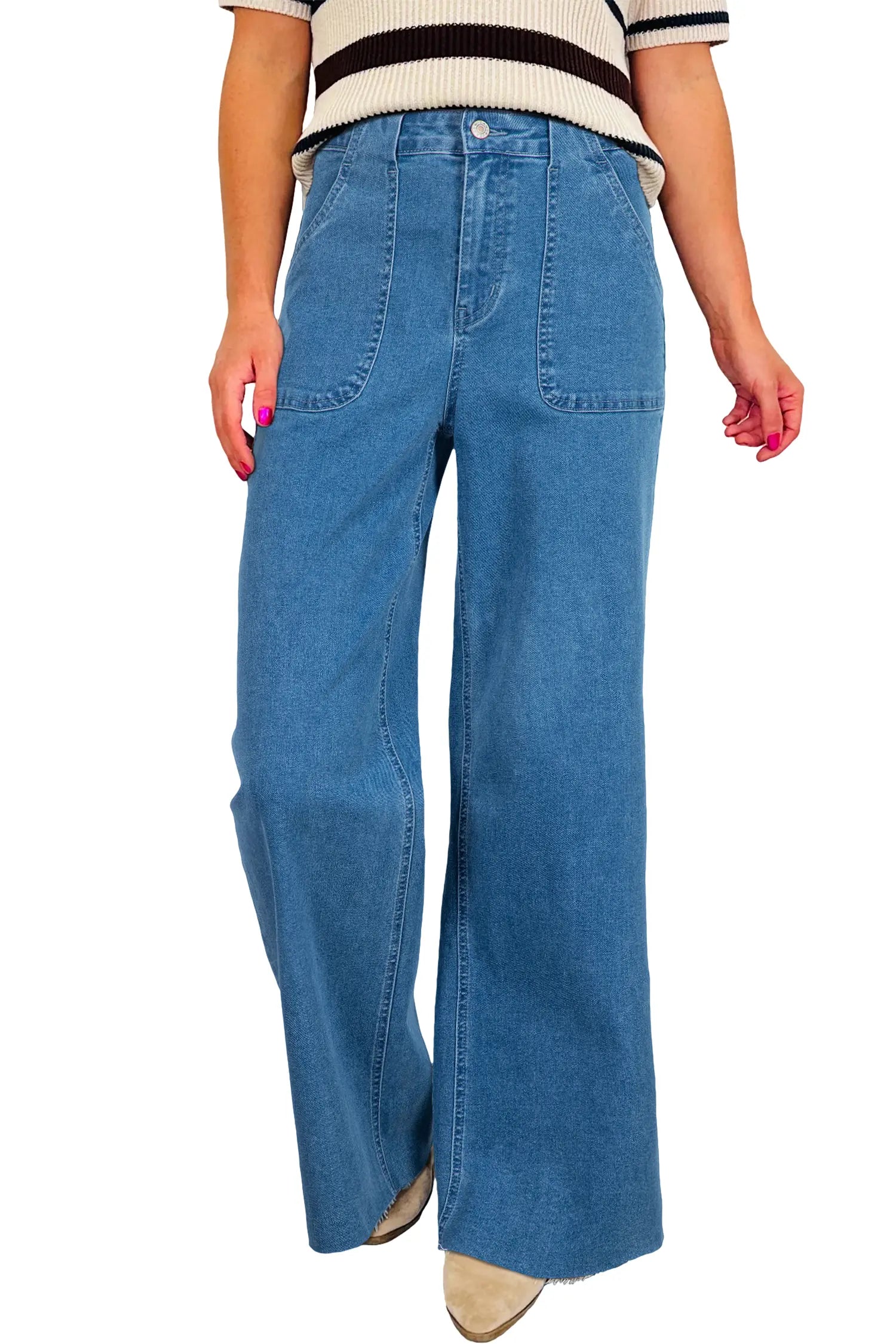 Dusk Blue Retro Washed Patch Pocket Stretchy Jeans