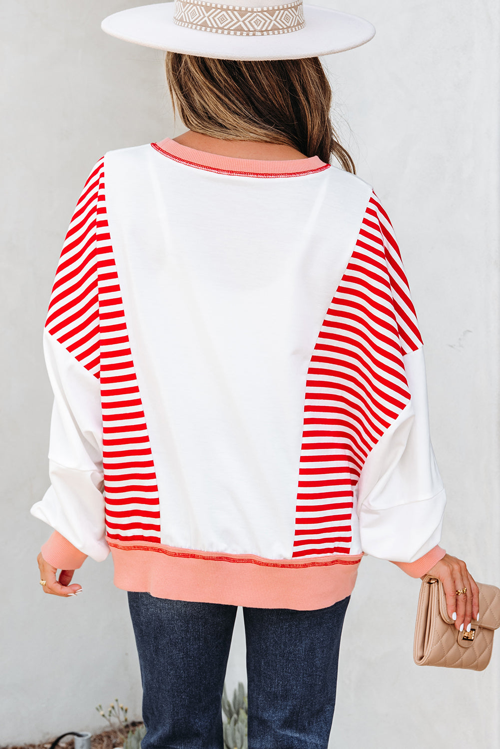 Striped Contrast Stitching Oversized Sweatshirt - eAura