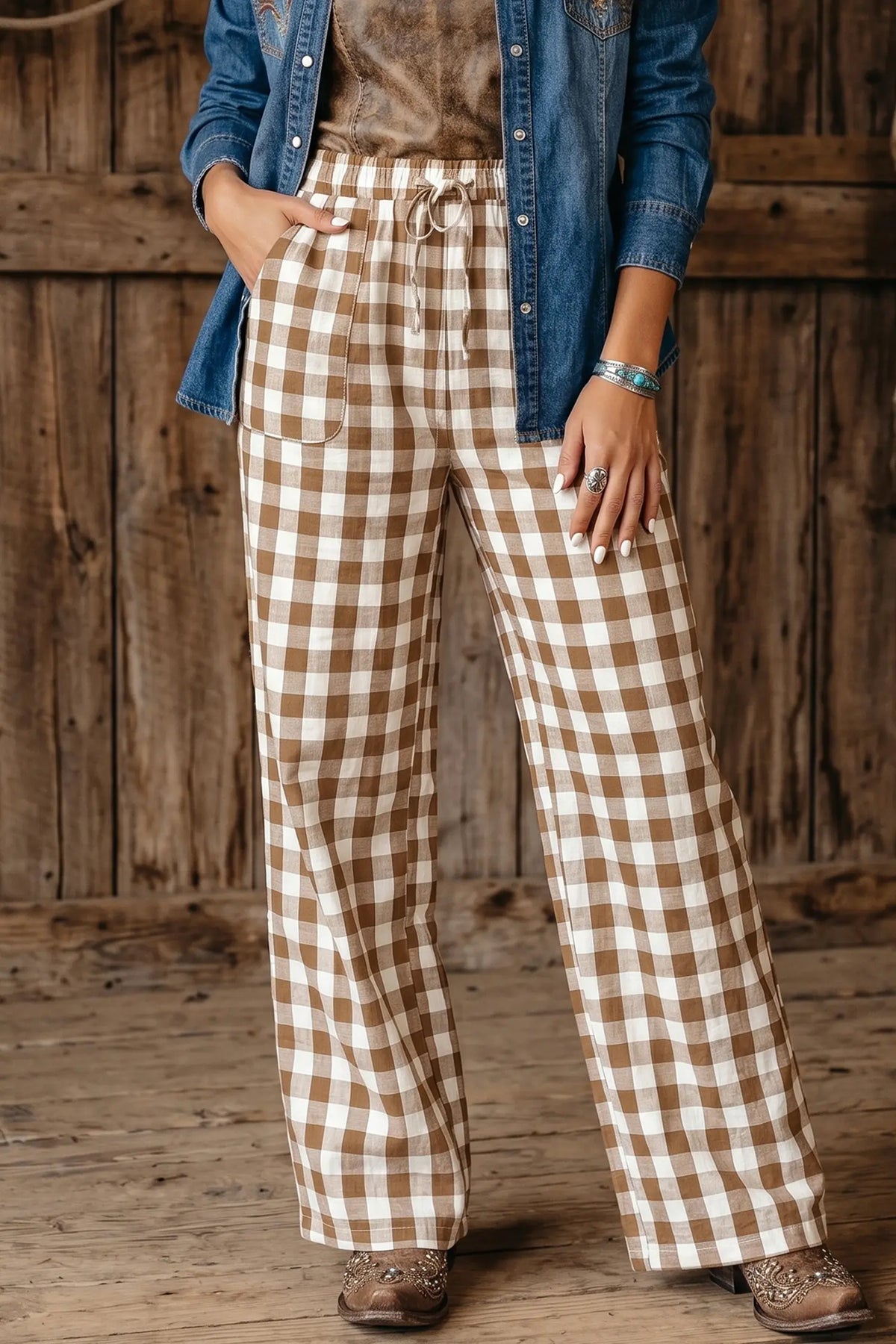 Gingham Plaid Tie Elastic Waist Shift Pants – Brown