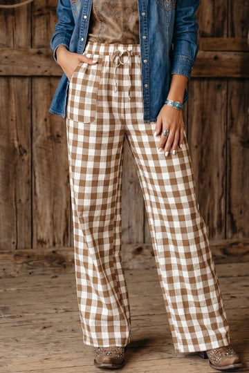 Gingham Plaid Tie Elastic Waist Shift Pants – Brown