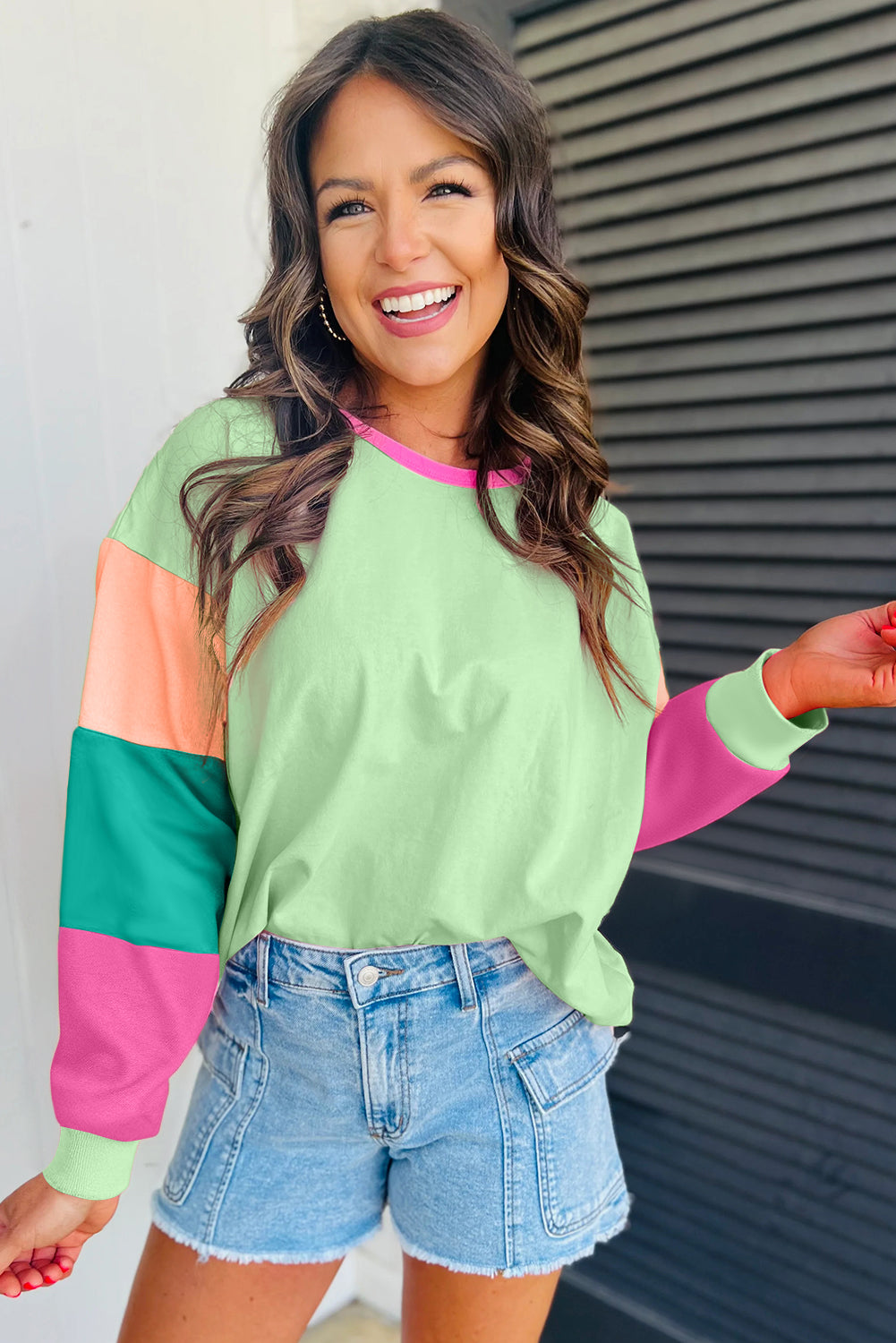 Dark Blue Colourblock Patchwork Long Sleeve Loose Top eAura