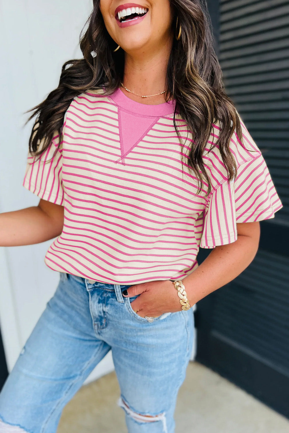 Contrast Detail Striped Ruffle Short Sleeve Top eAura